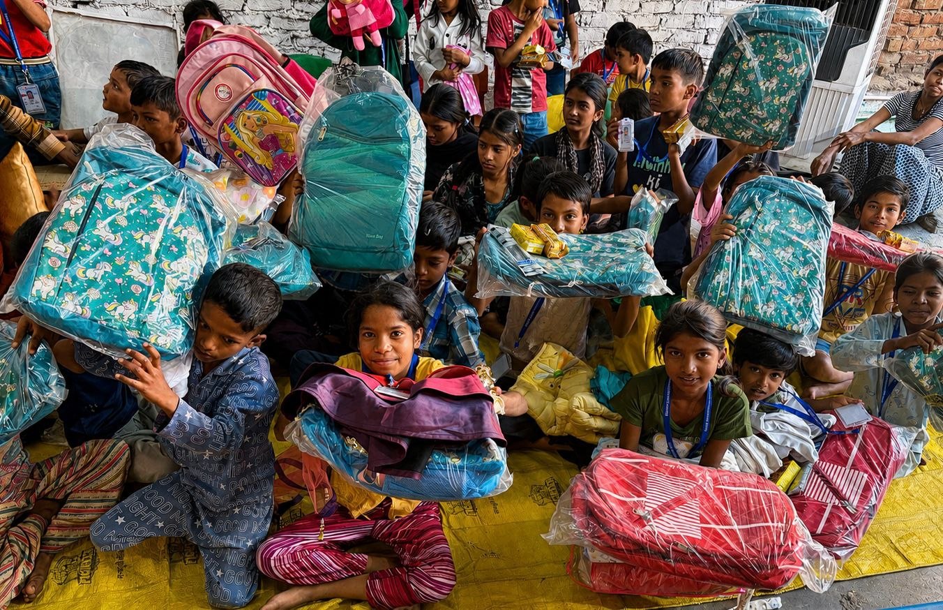 Children receiving school bags and support kits